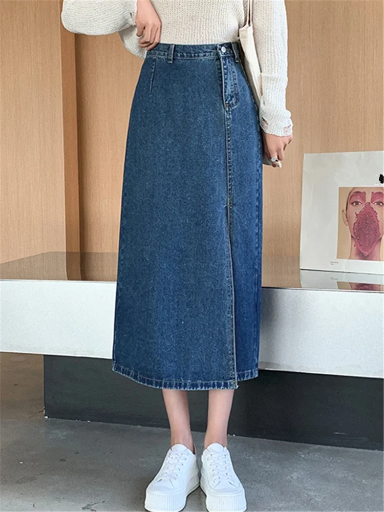 تنورات دينم بفتحة جانبية عالية الخصر للنساء ، تنورات رعاة البقر ، جينز أزرق عتيق للنساء ، جديد ، الربيع والصيف ، #3