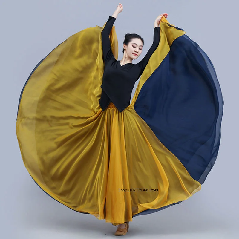 Gonna da ballo classica da donna Elegante doppia chiffon Flamenco Performance moderna Gonna altalena da palcoscenico Avvolgente Gonna eterea da 720 gradi