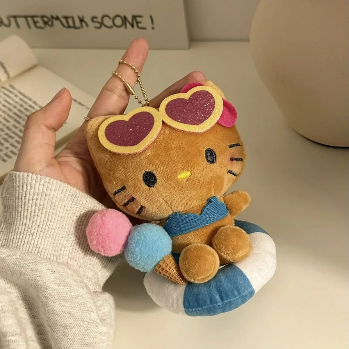 Hello Kitty Plushies Genuine Miniso 13cm Plush Kawaii Swimming Circle Bikini Keychain Pendant Cat Backpack Decoration Doll Gift