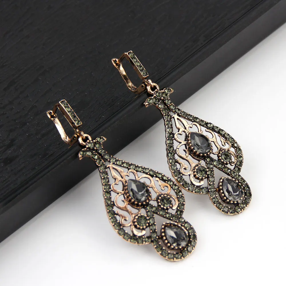 Neovisson Shining Moroccan Gray Crystal Earring Antique Gold Color Turkish Wedding Jewelry Bride Gift Handmade Trendy Earring