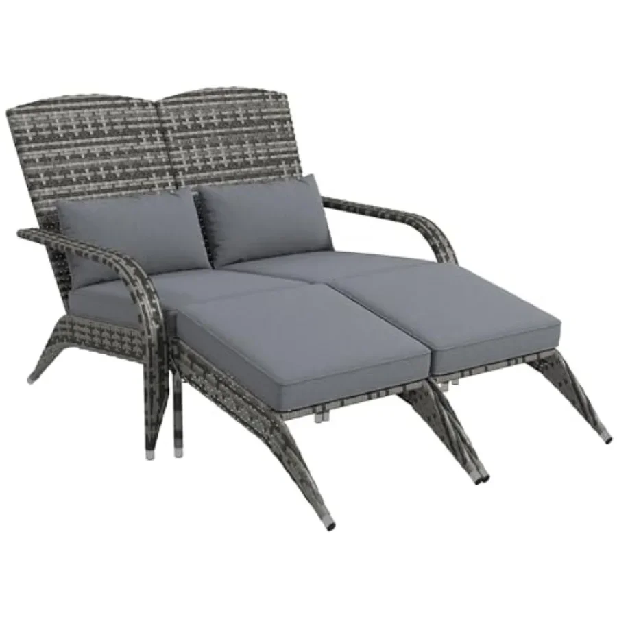 Wicker Adirondack Chair for 2 with Cushions and Footrests, Mixed Gray, Outdoor Use, All-Weather Resin Wicker, Comfort-Focused D