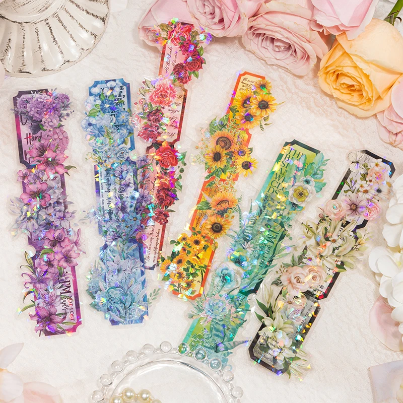 5Sheet Per Pack Strip stickers Laser flowers fragrance flash Handbook DIY material background Scrapbooking PET 215*55mm