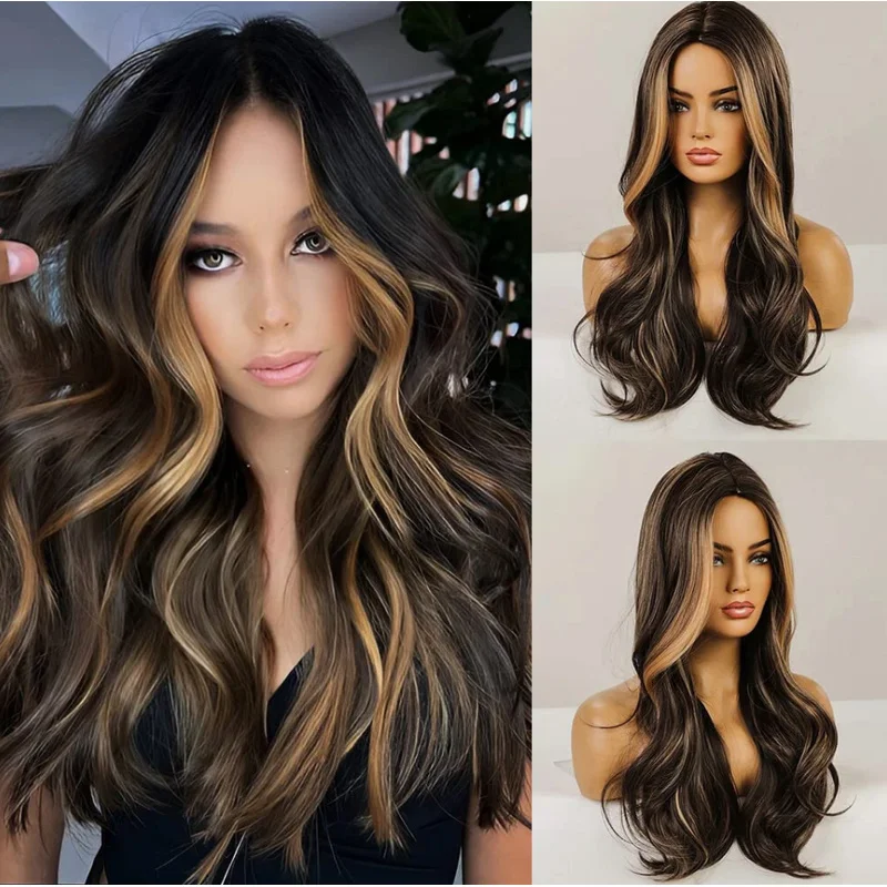 

24-дюймовые длинные волнистые коричневые светлые парики с бликами, повседневные синтетические волосы для женщин, косплей