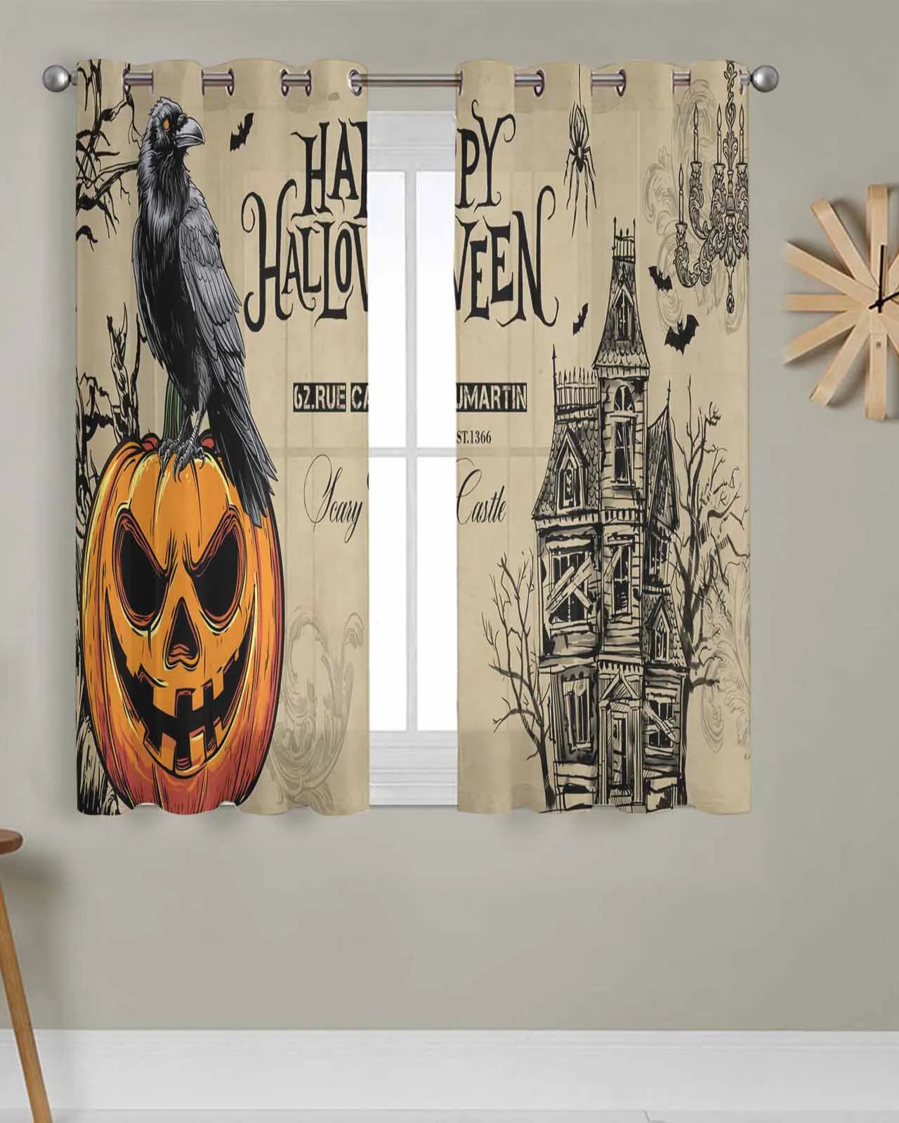 

Tulle Window Curtains Halloween Pumpkin Haunted Crow for Living Room Bedroom Transparent Chiffon Sheer Voile Window Curtain