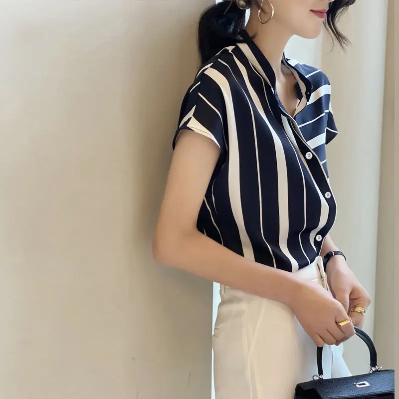 Summer Women Fashion Commuter Asymmetrical Striped Blouse Loose Polo-neck Single-breasted Short Sleeve Chiffon Casual Shirts