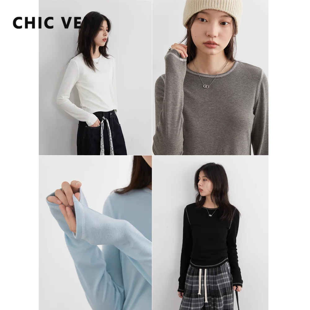 

CHIC VEN New Women T-Shirts Retro Slim Contrasting Color Lines Base Tees Long Sleeve Slim Female Top Spring Autumn 2025