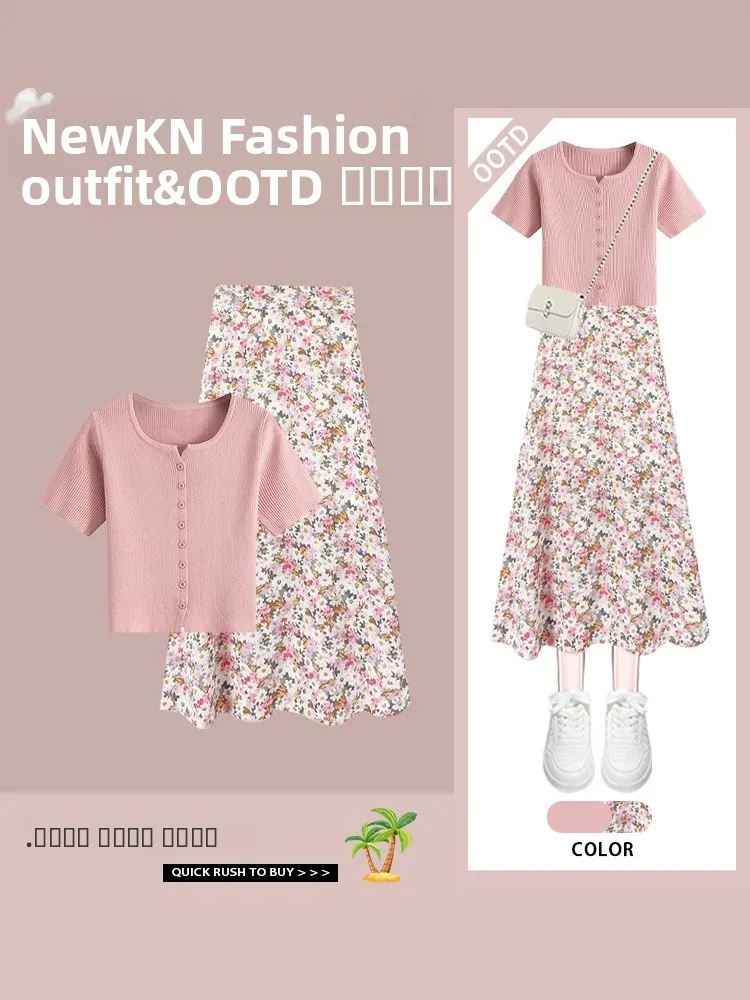 

Elegant Sweet Style Women's Fashion Set Short Sleeve T-Shirt Top with Floral Half Skirt Two-Piece Suit Polyester Fiber Button...