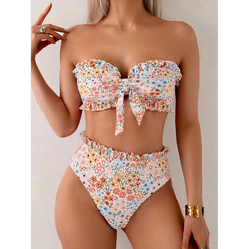 Women's Paneled Printed Swimsuit Ladies Fashion Sexy Triangular High Waist Swimsuit Two-Piece Set V-Neck Bathing Suits Female