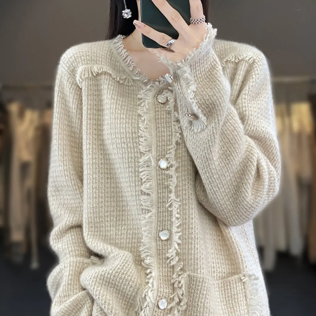 

Women's 100% Wool Knitted Cardigan Style Tassel Detail Loose Short Cashmere Base Jacket Top for Autumn Winter