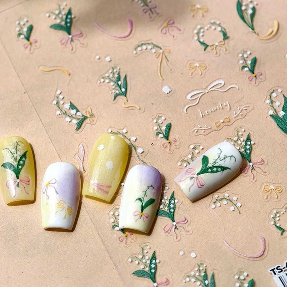 White Lily of the Valley Fresh Flowers Bouquet Wreath Bowknots 5D Nail Art Stickers Self Adhesive Decorations Manicure Decal