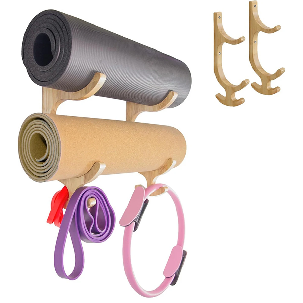 2piece Resistance Band Holder Wall Mount Declutter Gym Home With Wooden Yoga Mat Organizer Four Hooks For Vertical - view 3