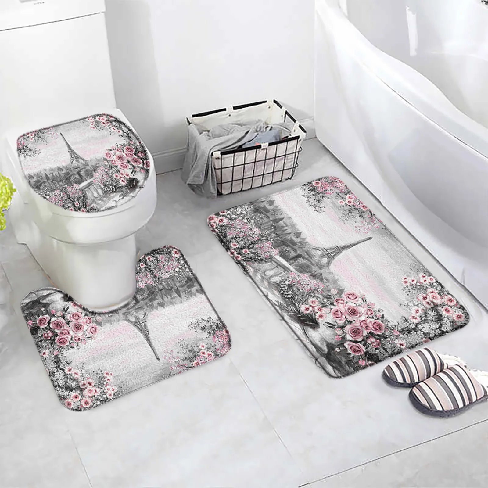 

Vintage Paris Tower Bath Mats Set Pink Flower City Scenery Painting Home Bathroom Decor Door Carpet Rug Anti-Slip Toilet Lid Mat