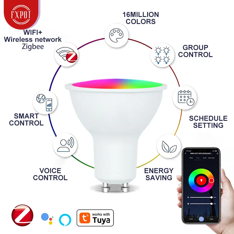 Tuya หลอดไฟ LED บลูทูธ Wi-Fi สมาร์ทโฮมควบคุมด้วยคำพูด? แผ่นเรืองแสงกลางคืน5W GU10 rgbcw ทำงานร่วมกับ Alexa Google Home compatibl