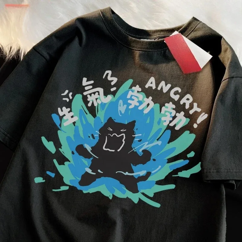 

Футболка с короткими рукавами Angry Emotion Black Cat Fury для мужчин и женщин, летняя пара, топ с короткими рукавами Y2K, женский топ, одежда для девочек