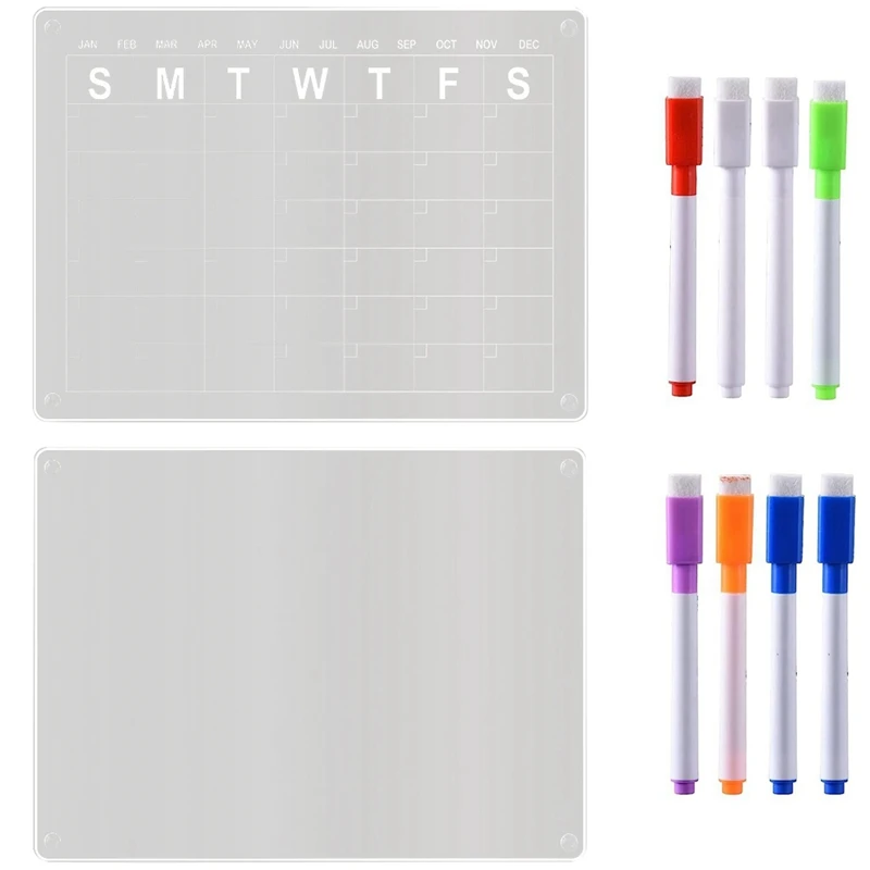 2 stuks acryl magnetische kalender voor droog uitwisbare bordkalender, met 8 droog uitwisbare markers