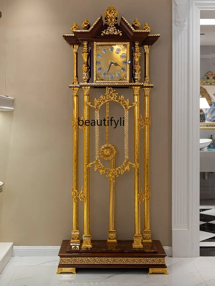 European Style French Mansion Villa Showroom Brown Solid Wood Roof Type Electroplated Gold Luxury the Grandfather Clock