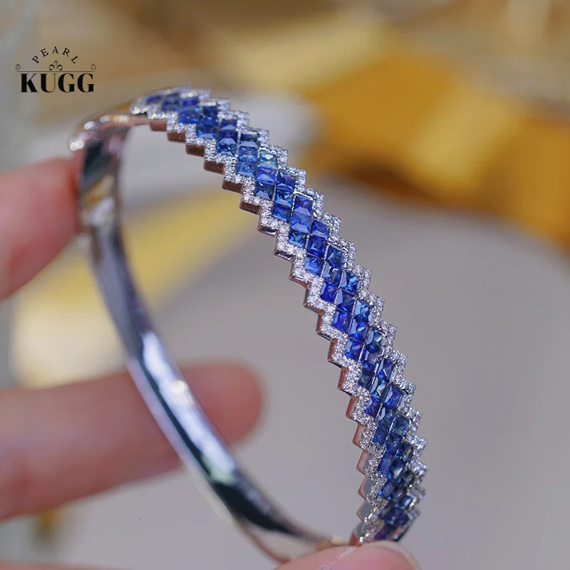 KUGG-Pulseira de Ouro Branco para Mulheres, 100% 18K, Design Brilhante de Luxo, Diamante Natural Real, Safira Natural, Alta Festa Jóias