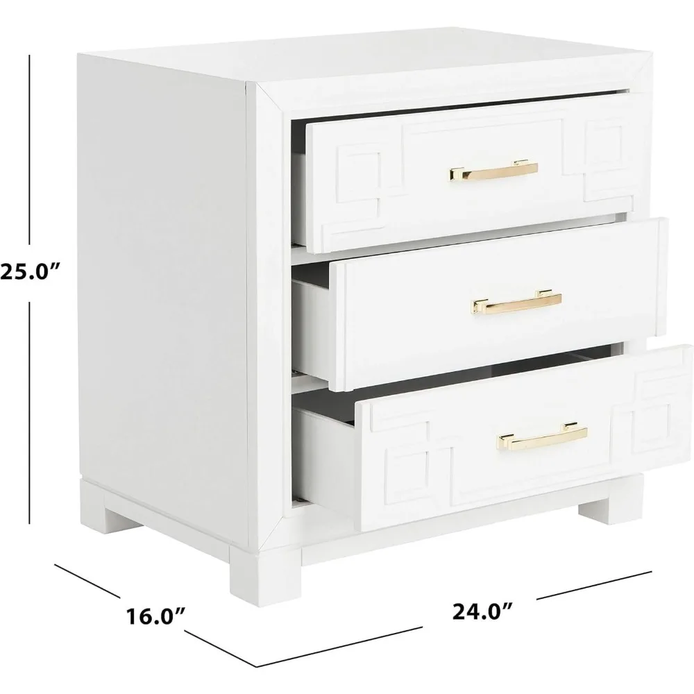 Medieval Modern White 3-drawer Greek Key Bedside Table Made of Rubber Wood Adds Freshness Bedroom Furniture