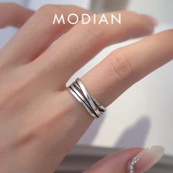 MODIAN 2023 Hot Sale Pure 925 Sterling Silver Fashion Multilayer lines Sense Of Design Adjustable Finger Rings For Women Jewelry