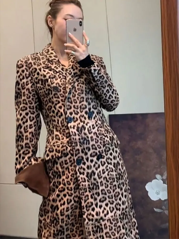 Office Ladies Elegant Double Breasted Long Coat New Autumn Vintage Personality Leopard Print Trench Women High Street Overcoat