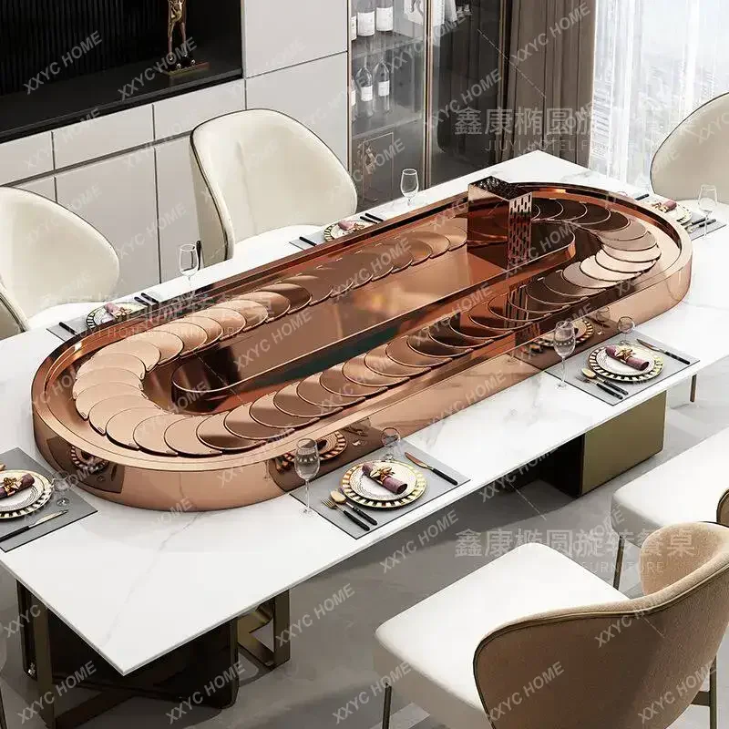 

L Oval stainless steel electric conveyor belt rotating table for home dining