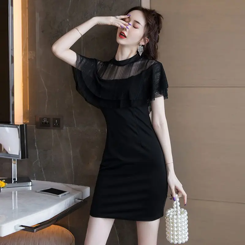 Korean Style Small Black Skirt Elegant Ruffled Mesh Spliced hip-packing Slim Short-sleeved Dress for Women