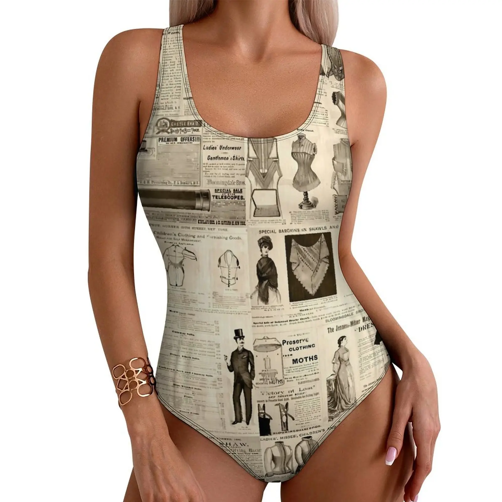 

Vintage Newspaper Swimsuit Sexy Advertisements Female Swimwear One Piece Stylish Bodysuit Fitness Push Up High Cut Monokini