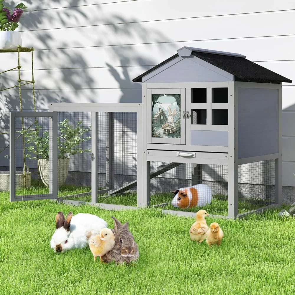 

48" L Rabbit Cage Bunny Hutch Outdoor Indoor, Expandable 2-Story Large Wooden Small Animal Cage with Run, Removale Tray, Top-Ope