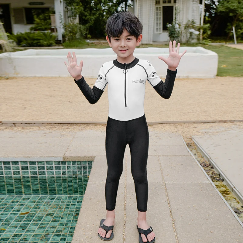 Fashion Patchwork Korean Style Wetsuit Kids One Piece Swimsuit Long Sleeve UV Swimwear Boys Full Body Swimpool Bathing Suit