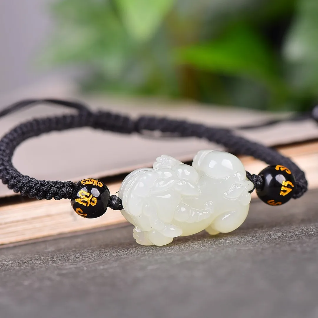 Natural Nephrite Hetian Jade Pixiu Bracelet Fengshui Charms Adjustable Woven Drawstring Bracelets Men Women Lucky Amulet Gifts