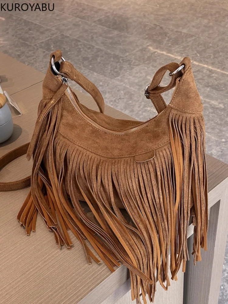 

Fashion Vintage Tassel Crossbody Shoulder Bags Women Suede Small Handabg and Purse Female Large Capacity Luxury Design Hobos Bag