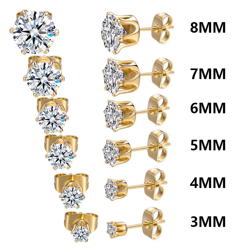 1Pair Crystal Stud Earring For Men Women 3/4/5/6/7/8mm Stainless Steel Cz Zircon Ear Piercing Stud Earring For Boy Girls Jewelry