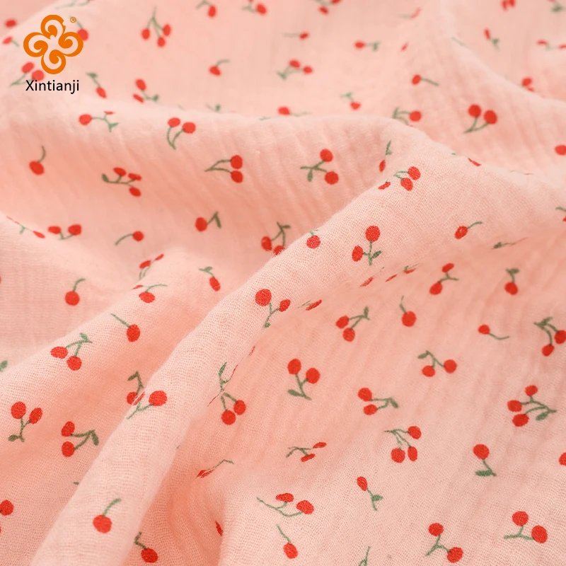 1m/2m/5m Cotton Crepe Fabric Cute Pink Cherry Print Double Layer Gauze Children Pajamas Quilt Fabric DIY Sewing Blanket Material