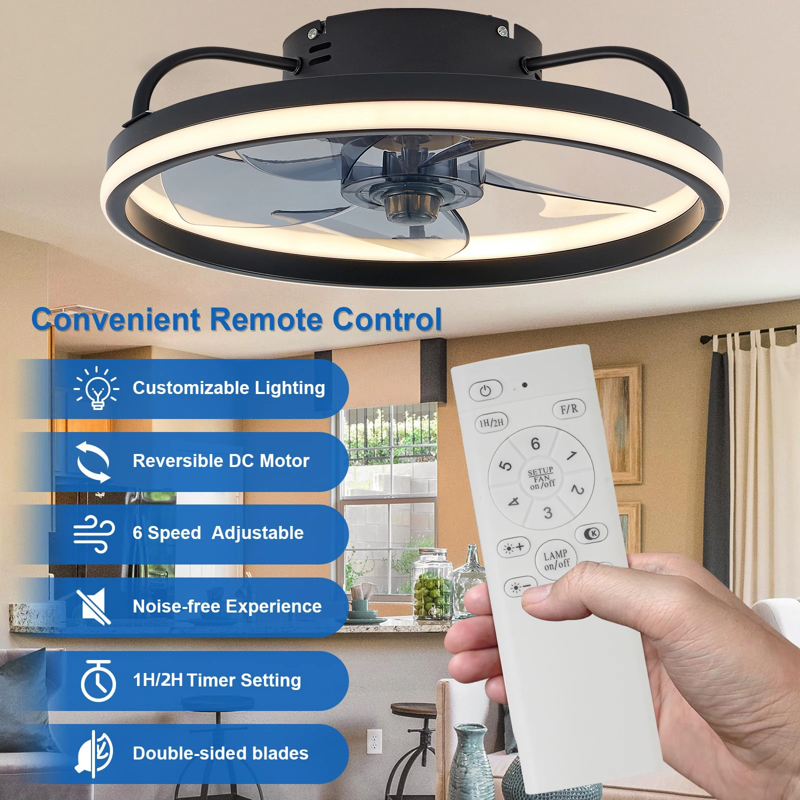 مروحة سقف IRALAN مع تطبيق للتحكم عن بعد، مروحة كهربائية هادئة قابلة للتعتيم لإضاءة ديكور المنزل