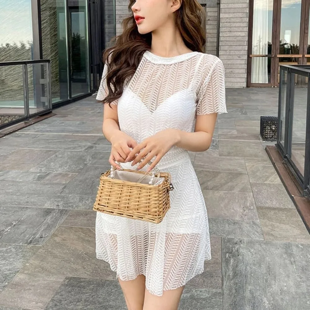 Mesh Hollow Lace Skirt Swimsuit Transparent Backless Bathing Swimwear Suit Beachwear Short Sleeve Swimwear with Padded Vacation