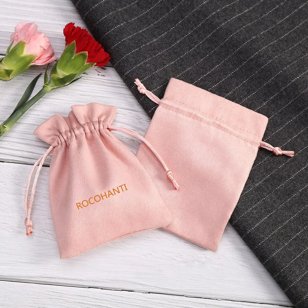 50pcs wholesale pink suede velvet drawstring bag, high end, beautiful velvet storage dust bag with gold stamping logo