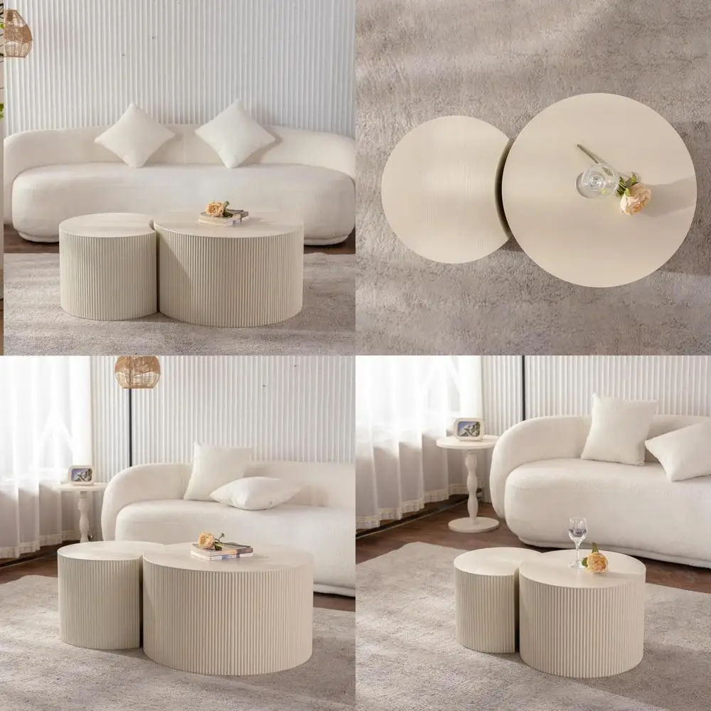 Набор журнальных столиков в бежевую полоску с волнистыми полосками, современные деревянные круглые акцентные столы в стиле барабана для гостиной