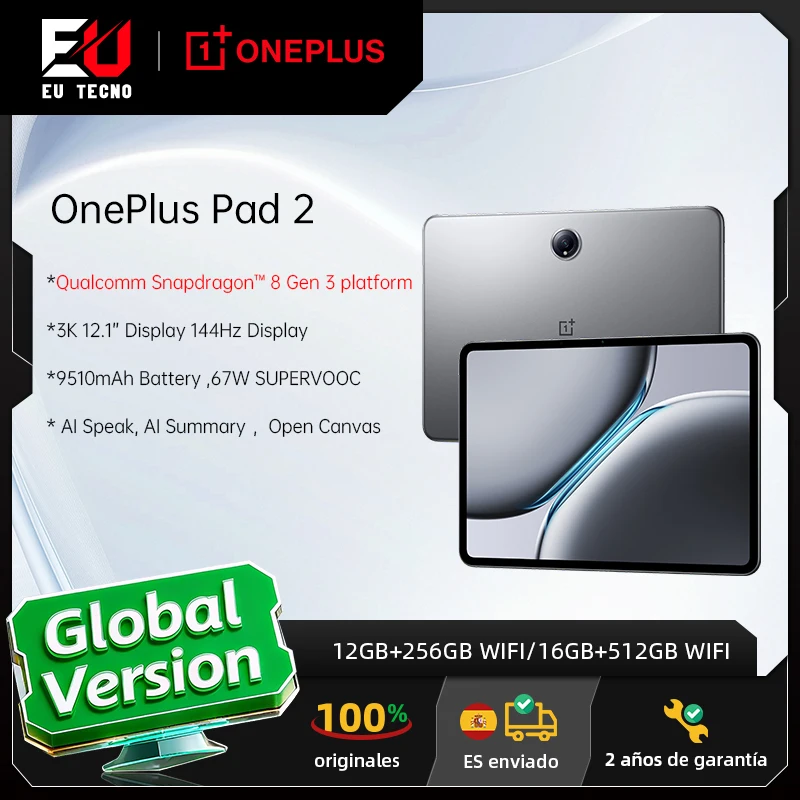 Version mondiale OnePlus Pad 2 Snapdragon 8 Gen 3 Chipset 3K 12.1 pouces affichage 9510mAh batterie 67W SUPERVOOC 13MP caméra arrière