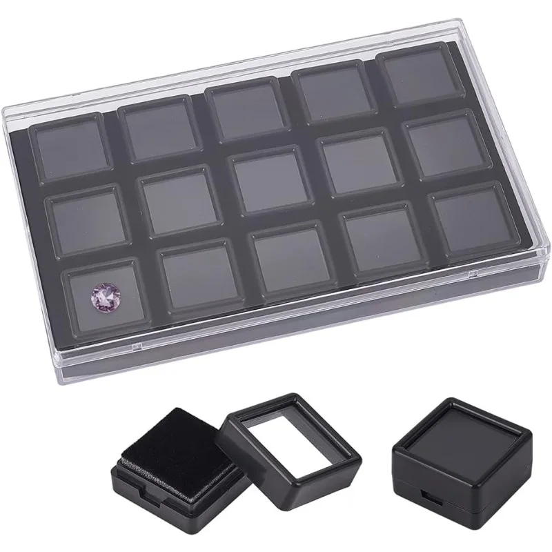 

15 Pack Gemstone Display Box Black Acrylic Diamond Display Case Jewelry Box with Clear Glass Window for Treat Gems Coins Diamond