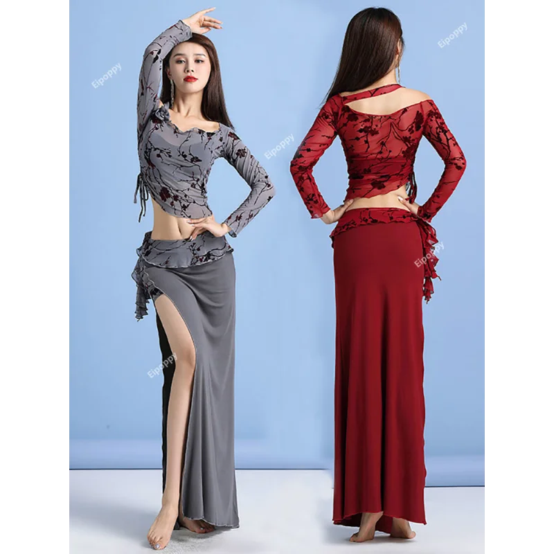 Belly Dance Costume 2 Piece  Dress Women Set French Sexy Elegant Ruffle Sleeve Top Sexy Side Split Skirt Long Cream New