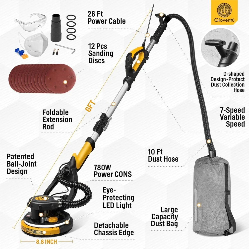 Ponceuse Électrique pour Cloisons Sèches avec Aspirateur, Absorption de Poussière à 6.5, 7 Vitesses Variables de 95% à 900 tr/min, 1800 Amp