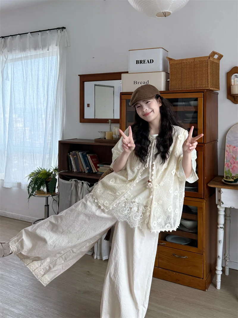 

Lace Short Sleeve Shirt Women's Summer Loose Casual Pants Three-piece Set Pure Color High Waist Pant High Waist Lace Layering