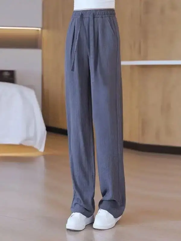 Pantalon à jambes larges en soie glacée pour femmes, drapé, taille haute, droit, décontracté, paresseux, longueur au sol, Cool, été