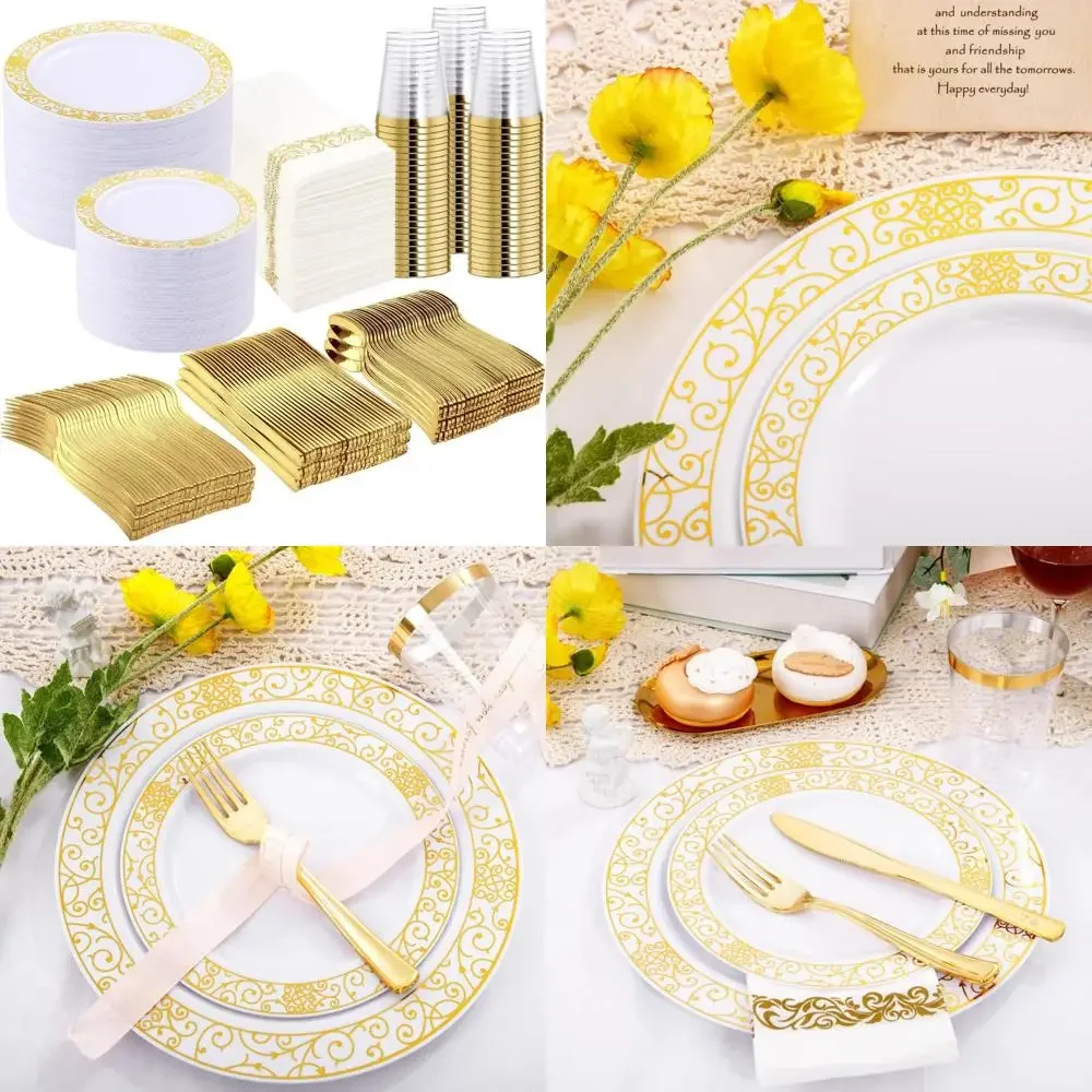 

Gold Plastic Dinnerware Set for 100 Guests - Disposable Plates, Cups, Napkins for Parties and Weddings