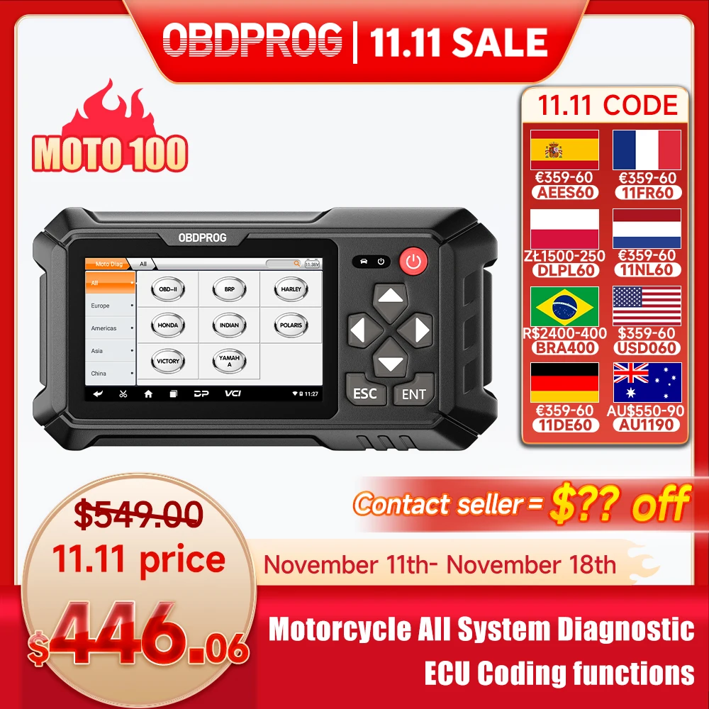 OBDPROG MOTO 100 Motorcycle All System Diagnostic Tool OBD2 Scanner ECU Coding Motor Analysis Tools Maintenance Light Reset