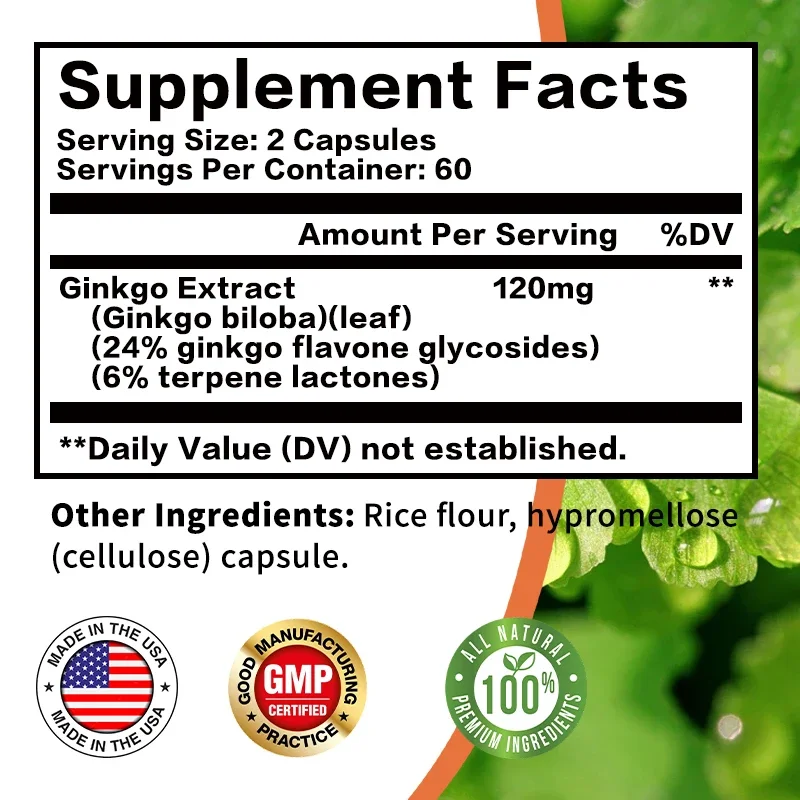 Ginkgo Biloba Capsules - Help Keeps Alert and Sharp, Improving Concentration & Memory, Promotes Brain Health