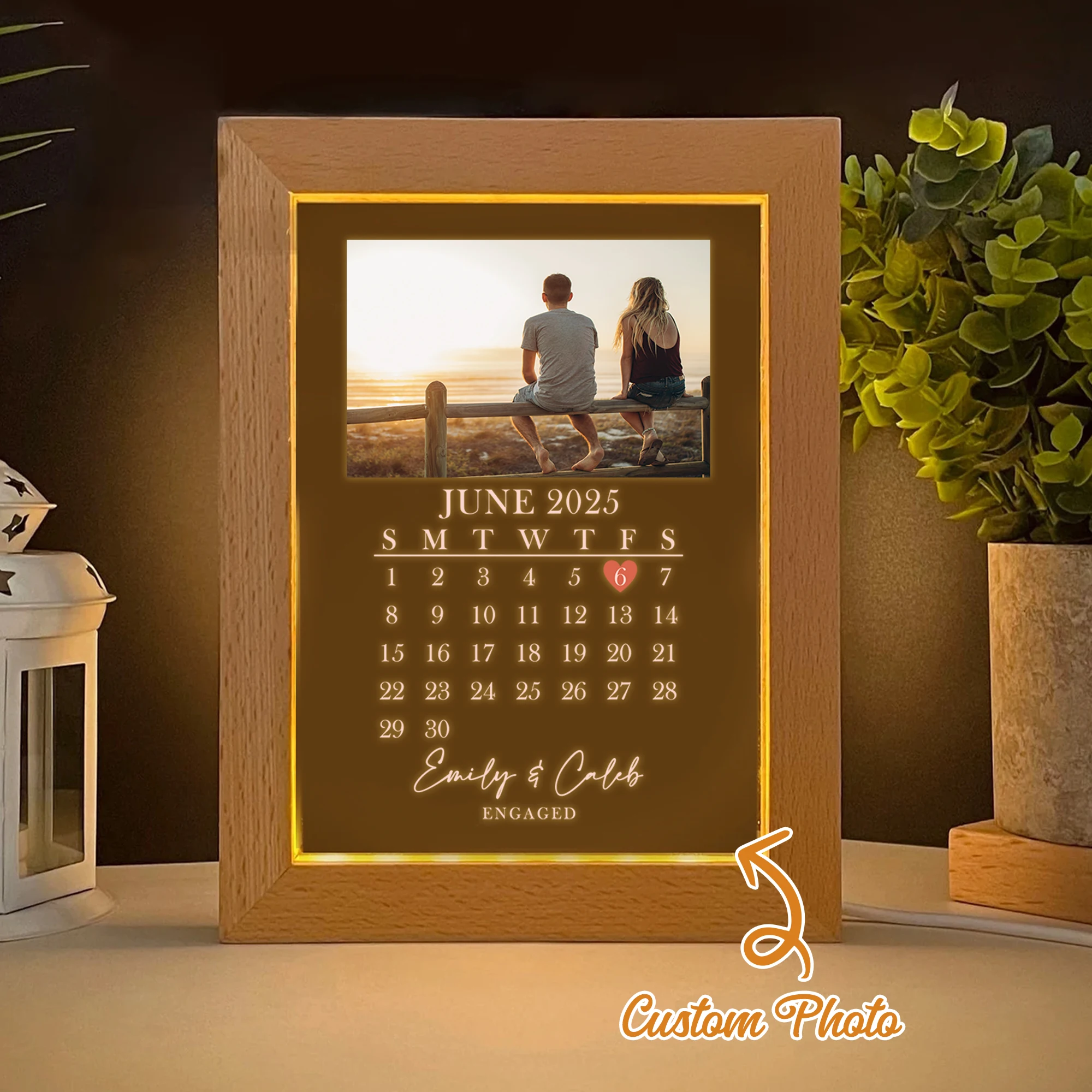 

2D Flat Custom Photo Couple Anniversary LED Acrylic Night Light Wood Photo Frame 21x17cm Bedroom Gift Home Decoration