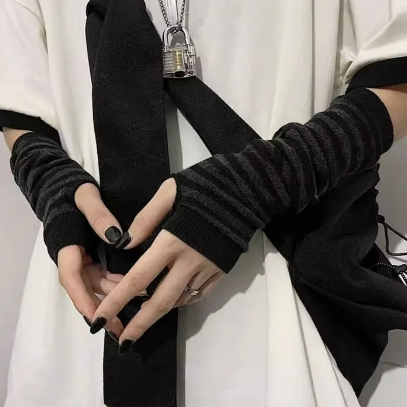 Punk Black White Stripe Gloves Adjustable Elasticity Long Fingerless Glove Stripe Nylon Mittens Winter Arm Cover Gothic Sleeves