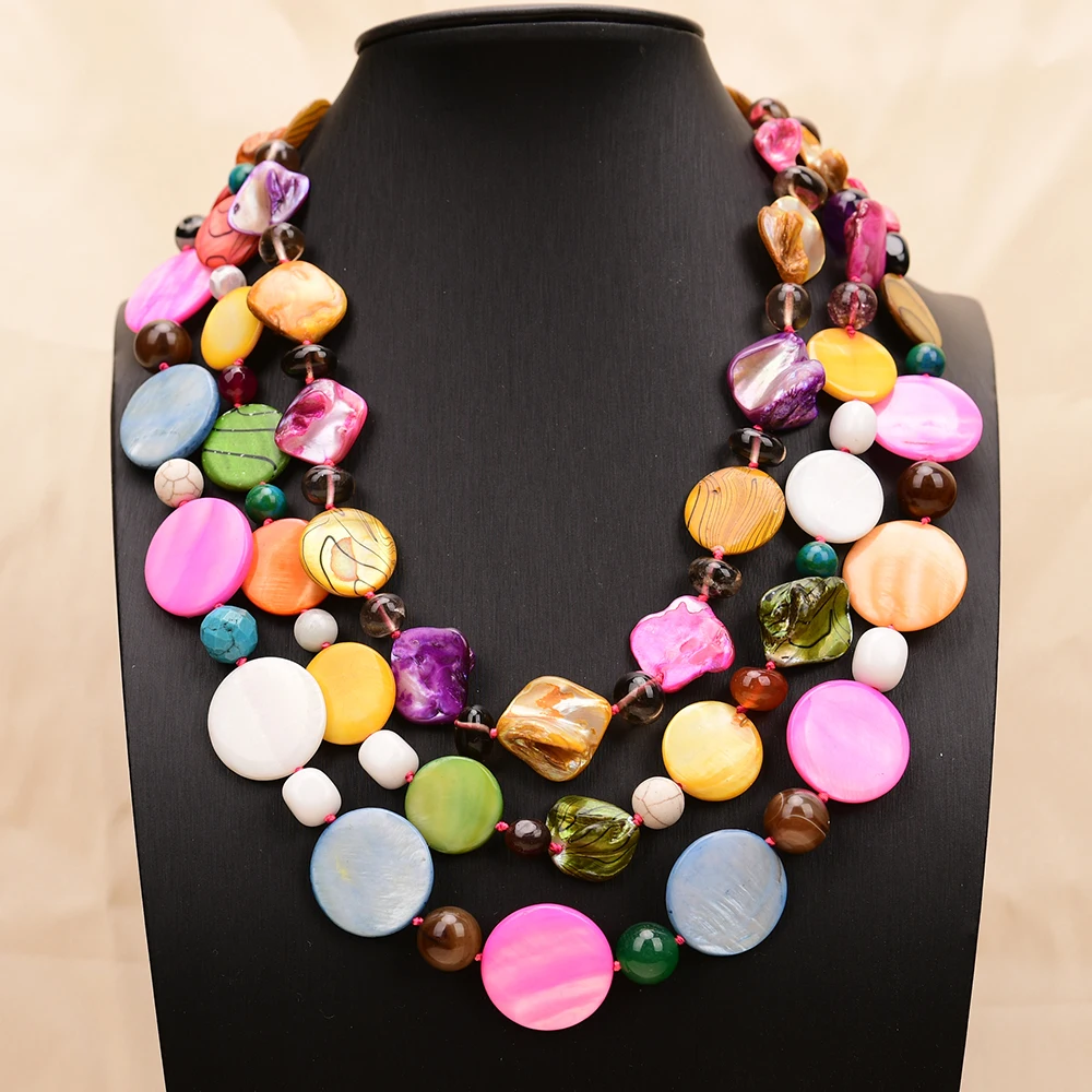 APDGG A90 Handmade 3 Rows Natural Mix Stone Quartz Shell Turquoise Multi Strands Necklace