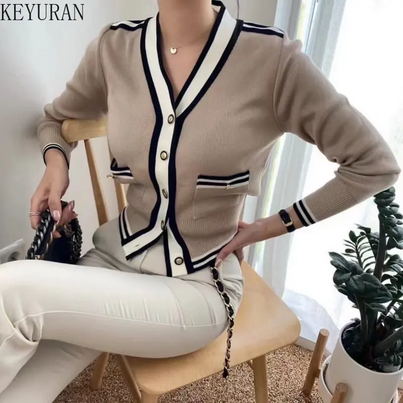 2023 Spring Autumn Striped Sweater Women Korean Fashion V-neck Slim Fit Long-sleeved Crop Top Knitted Cardigan Jacket Women Y2k